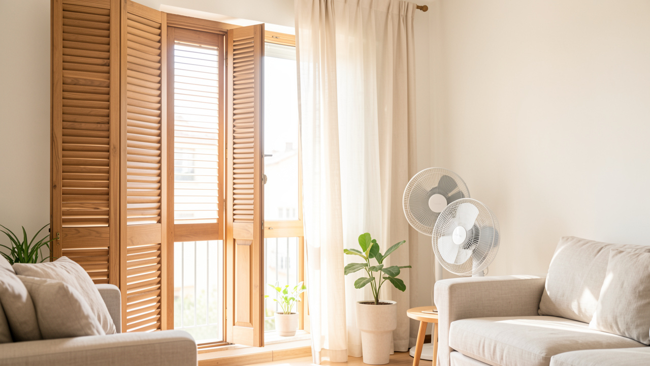 Intérieur lumineux d’un appartement en période de forte chaleur, avec volets fermés, rideaux clairs et ventilateur discret dans une ambiance estivale réaliste.