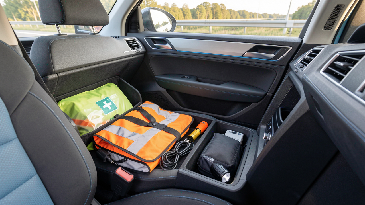 Habitacle automobile moderne et soigneusement organisé pour un long trajet, avec accessoires de sécurité et rangements discrets.
