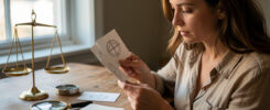 Une femme examine attentivement des cartes vierges avec une loupe, une boussole et une balance symbolisant l’analyse et l’esprit critique.