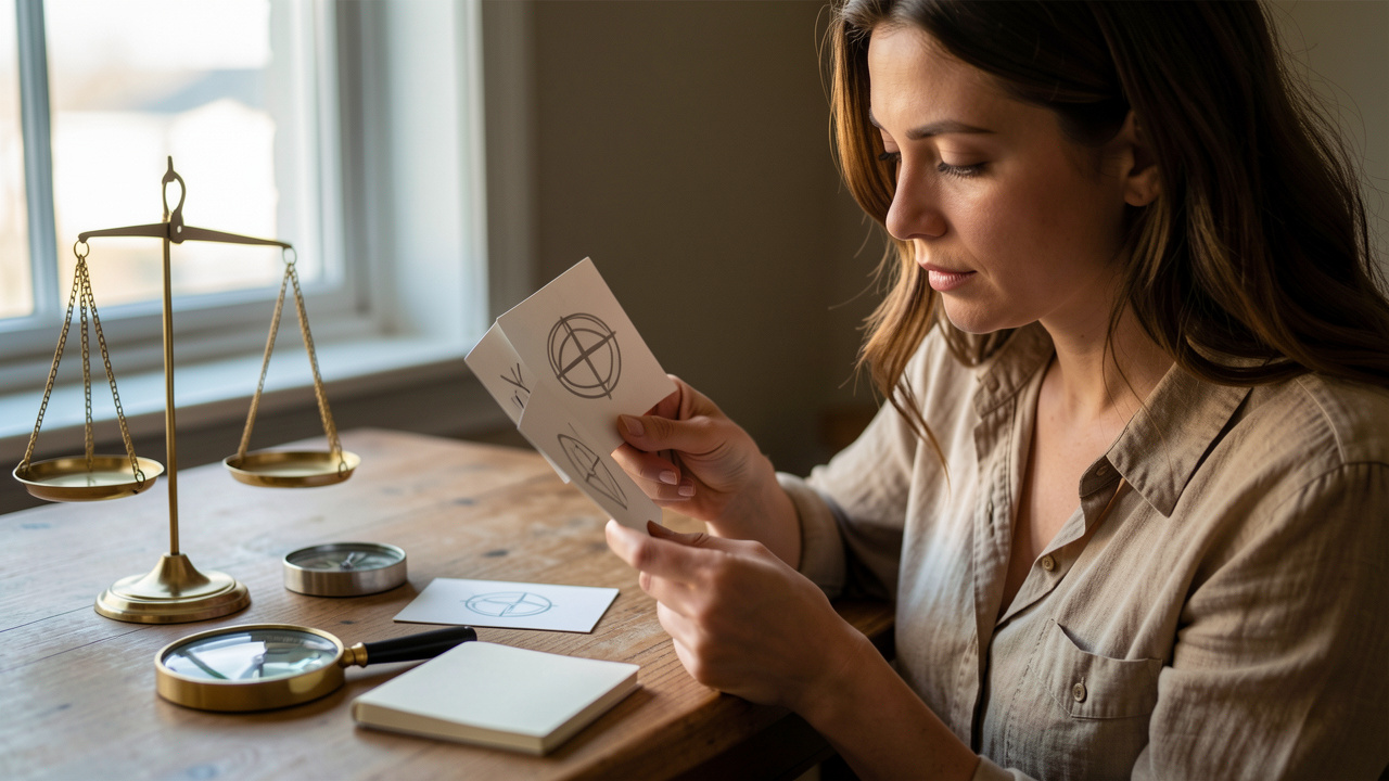 Une femme examine attentivement des cartes vierges avec une loupe, une boussole et une balance symbolisant l’analyse et l’esprit critique.