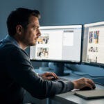 Homme devant deux écrans d’ordinateur comparant plusieurs sources d’information dans un bureau moderne, avec une ambiance réaliste et sobre.