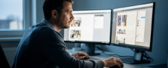 Homme devant deux écrans d’ordinateur comparant plusieurs sources d’information dans un bureau moderne, avec une ambiance réaliste et sobre.