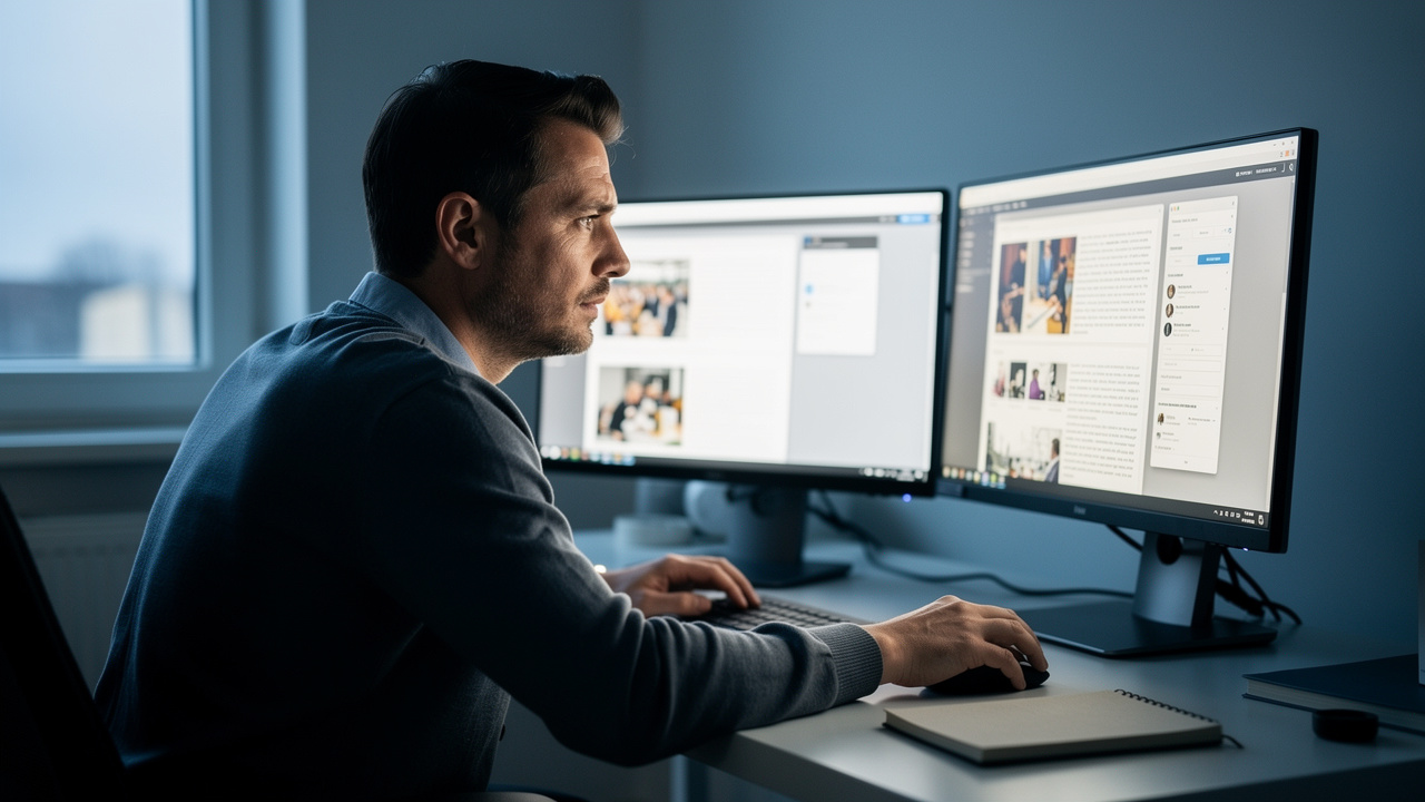 Homme devant deux écrans d’ordinateur comparant plusieurs sources d’information dans un bureau moderne, avec une ambiance réaliste et sobre.