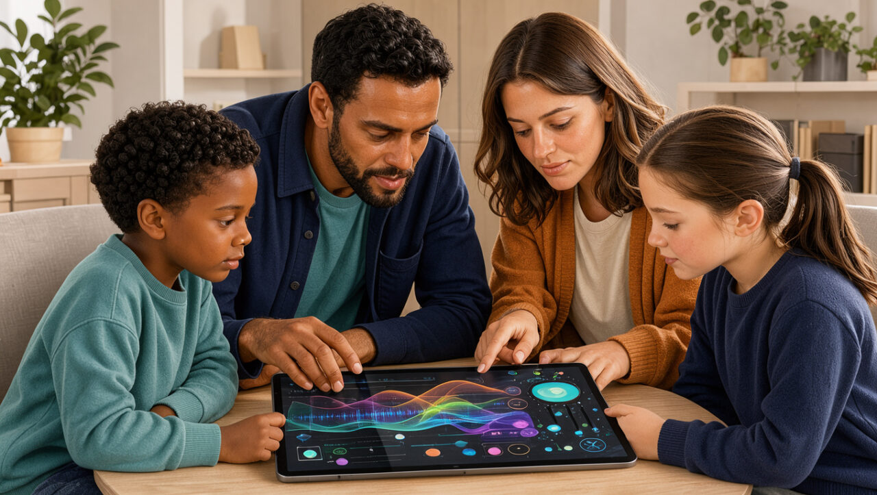Une famille réunie autour d’une tablette consulte une interface abstraite de mixage musical assisté par intelligence artificielle dans un intérieur contemporain.