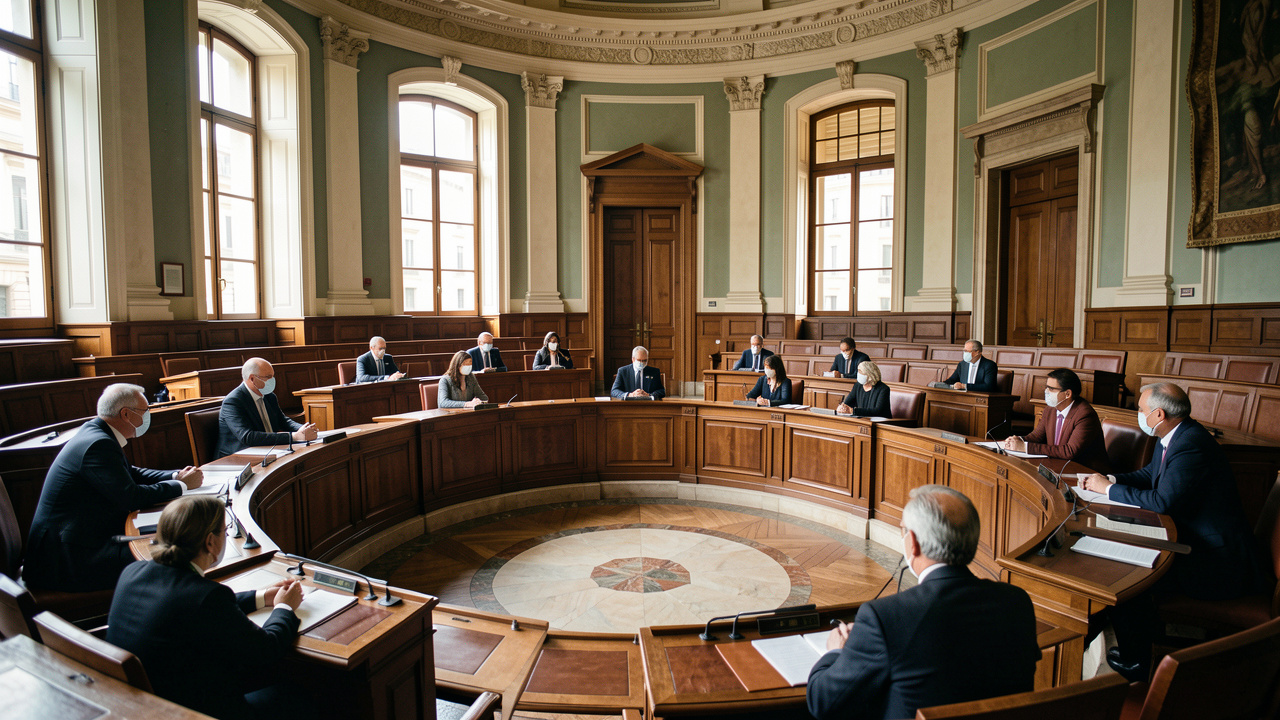 Vue éditoriale sobre de l’hémicycle du Parlement italien à Rome, avec des députés assis dans une ambiance institutionnelle éclairée par la lumière naturelle.