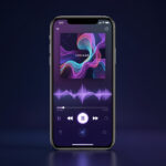Quels repères choisir pour comprendre l’étiquetage IA sur YouTube Music ? Smartphone présentant une interface de lecteur musical moderne aux tons bleu nuit et violet, avec une forme abstraite évoquant l’intelligence artificielle.