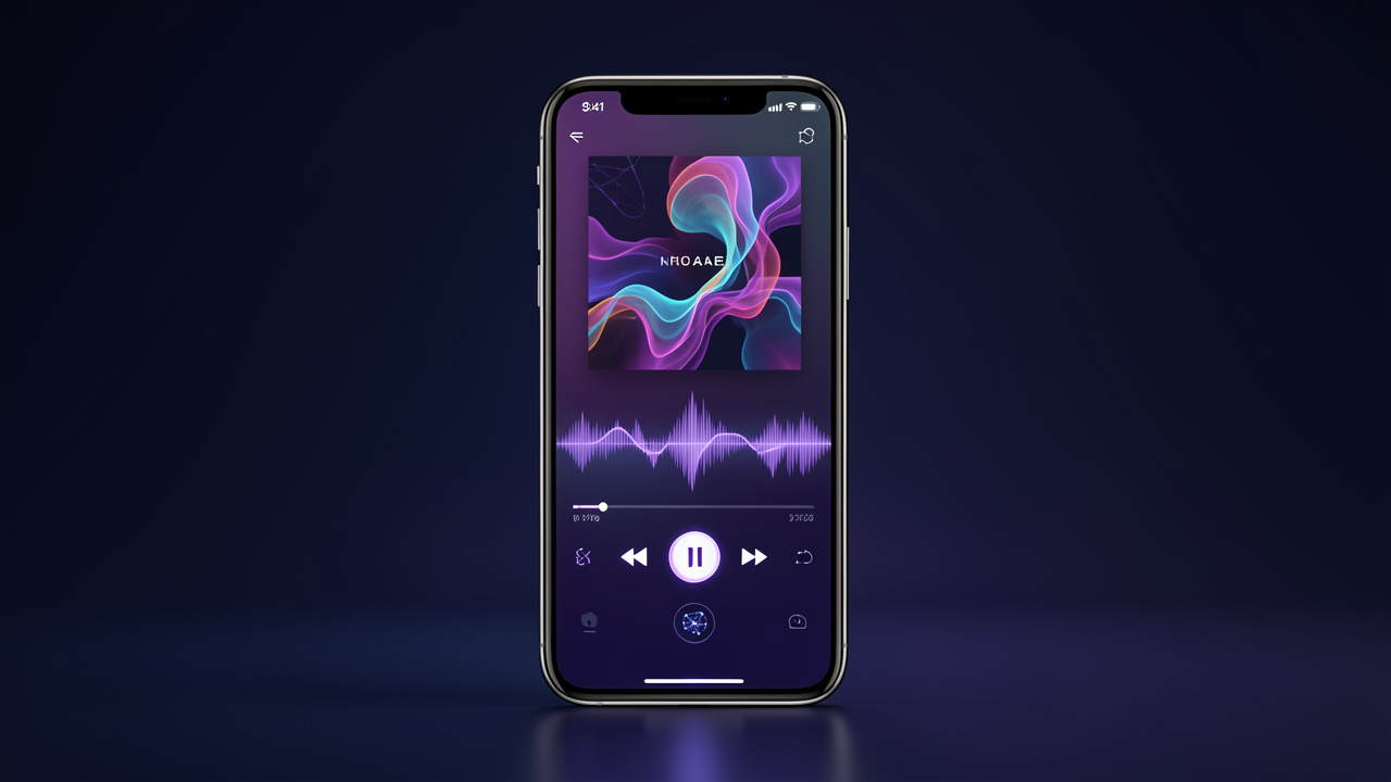 Smartphone présentant une interface de lecteur musical moderne aux tons bleu nuit et violet, avec une forme abstraite évoquant l’intelligence artificielle.